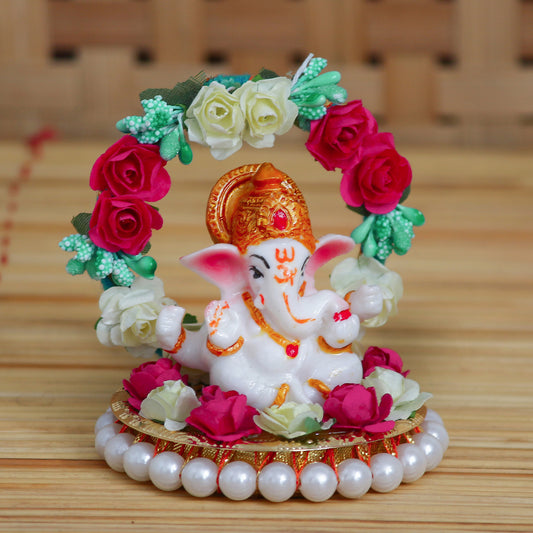 eCraftIndia Lord Ganesha Idol on Decorative Handcrafted Plate with Throne of Colorful Flowers